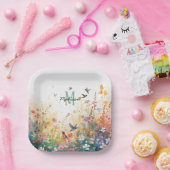 春の水彩画の鳥 花のモノグラム ワイルドフラワー ペーパープレート (パーティー)