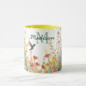 春の水彩画の鳥 花のモノグラム ワイルドフラワー マグカップ (中央)