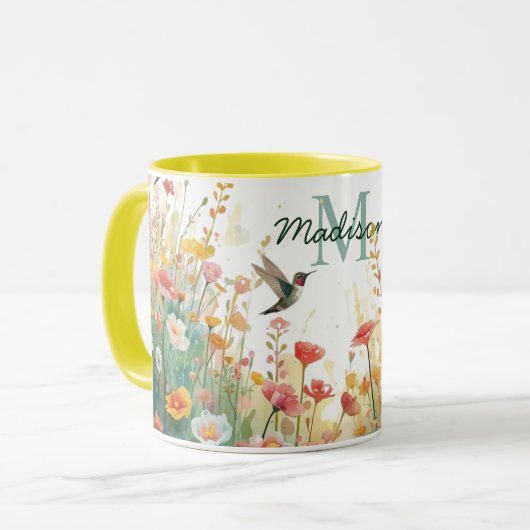 春の水彩画の鳥 花のモノグラム ワイルドフラワー マグカップ (正面左)