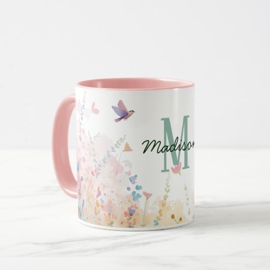 春の水彩画の鳥 花のモノグラム ワイルドフラワー マグカップ (正面左)