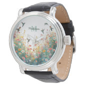 春の水彩画の鳥 花のモノグラム ワイルドフラワー 腕時計 (アングル)