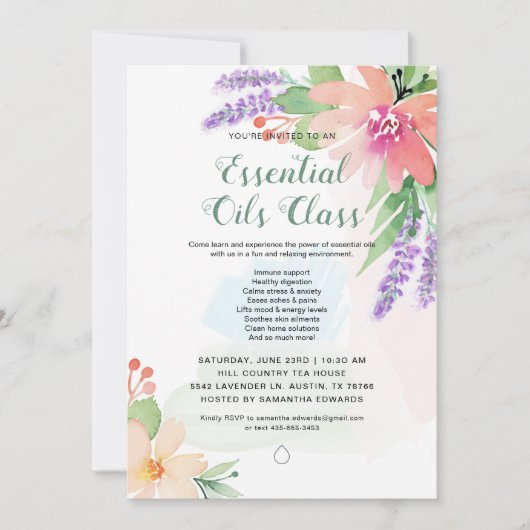 春の水彩花イラスト・エッセンシャルオイルのクラス 招待状 (正面)