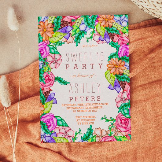 春の水彩花柄の手描きスイート16 招待状