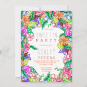 春の水彩花柄の手描きスイート16 招待状 (正面)