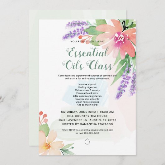 春の水彩花柄 エッセンシャルオイルのクラス 招待状 (正面/裏面)