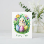 春の水色かわいい鶏と染め卵 シーズンポストカード (スタンド正面)