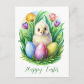 春の水色かわいい鶏と染め卵 シーズンポストカード (正面)