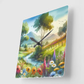 春の渓谷の野生の花と小川 スクエア壁時計 (傾斜)