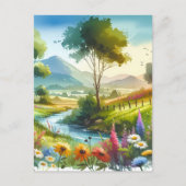 春の渓谷の野生の花と小川 ポストカード (正面)