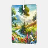 春の渓谷の野生の花と小川 メタルオーナメント (正面左)