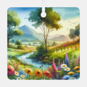 春の渓谷の野生の花と小川 メタルオーナメント (正面)