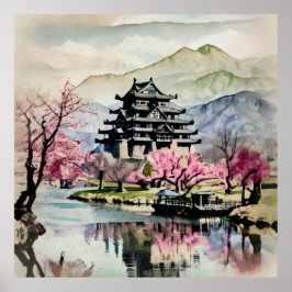 春の湖畔の静かな城 ポスター