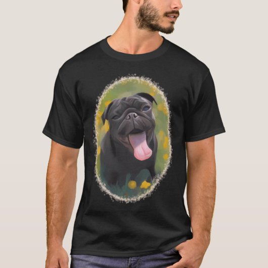 春の牧草地の黒いパグ Tシャツ (正面)