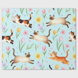 春の猫のパレード – 跳ねる猫と花々 ラッピングペーパー