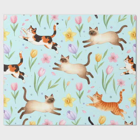 春の猫のパレード – 跳ねる猫と花々 ラッピングペーパー (フラット)