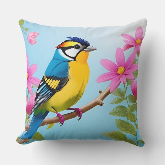 🐦 春の空間にブルーティットの植物画 🌼 クッション (正面)