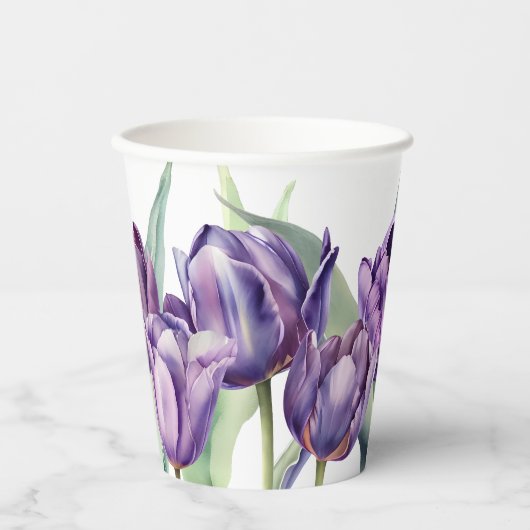 春の紫の水彩画のチューリップ ブライダルシャワー 紙コップ (正面)