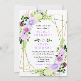 春の紫の花と葉の結婚式 招待状