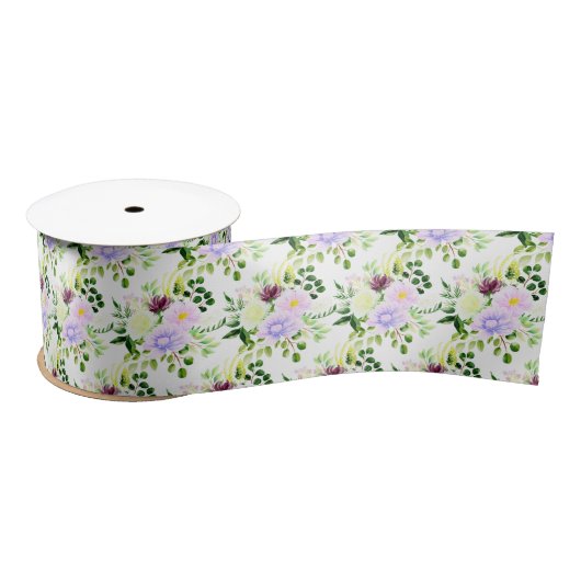 春の紫の花と葉 サテンリボン (リール)