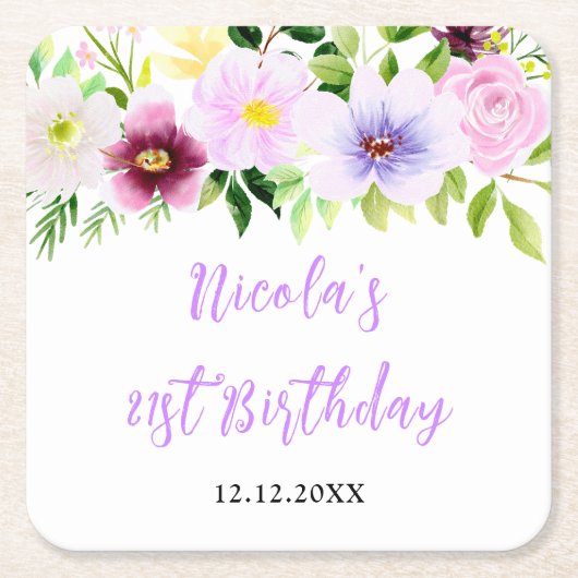春の紫の花の誕生日 スクエアペーパーコースター (正面)