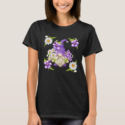 春の紫色のスミレのためのフローラルダイジー花柄 Tシャツ (正面)