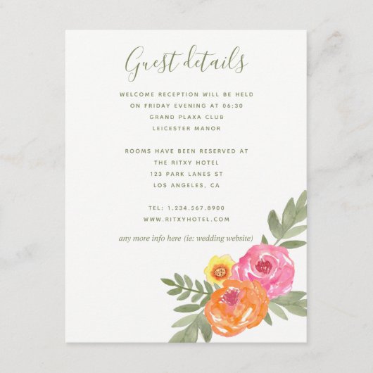春の結婚式ウォーターカラーフラワーズゲスト詳細 エンクロージャーカード (正面)