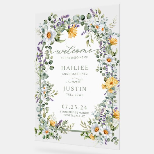 春の結婚式カラフルワイルドフラワーフローラへようこそ アクリルサイン (傾斜)