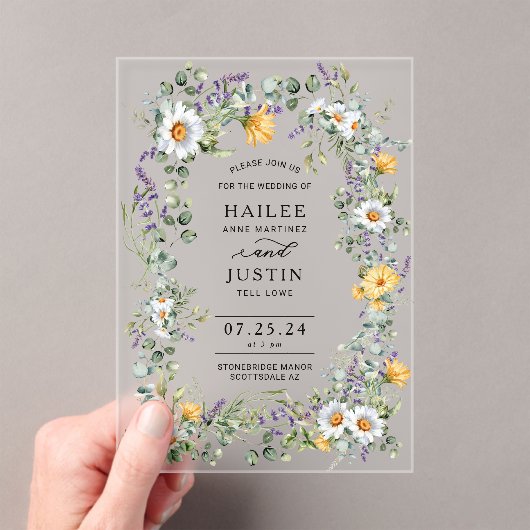 春の結婚式カラフルワイルドフラワーフローラトレンディー アクリル招待状 (インサイチュ (ポータブル))