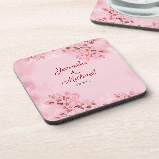 春の結婚式ピンクさくらんぼ花 コースター (左側)