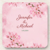 春の結婚式ピンクさくらんぼ花 コースター (正面)