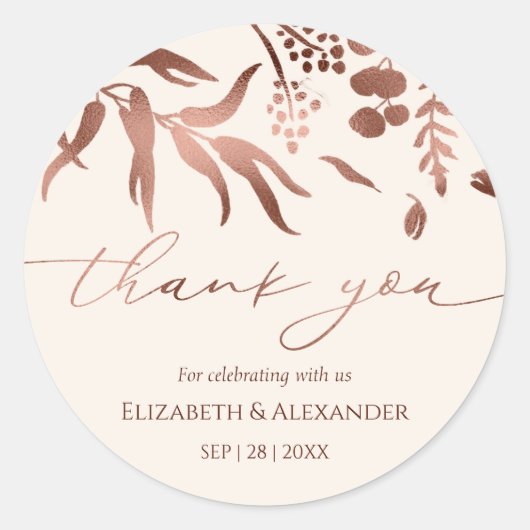 春の結婚式感謝していユーステッカーバラゴールドフォイル ラウンドシール (正面)