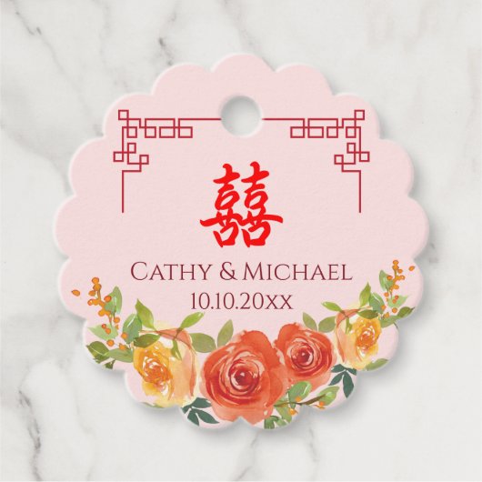 春の結婚式 中国風 オレンジ色の黄色い花 フェイバータグ (正面)