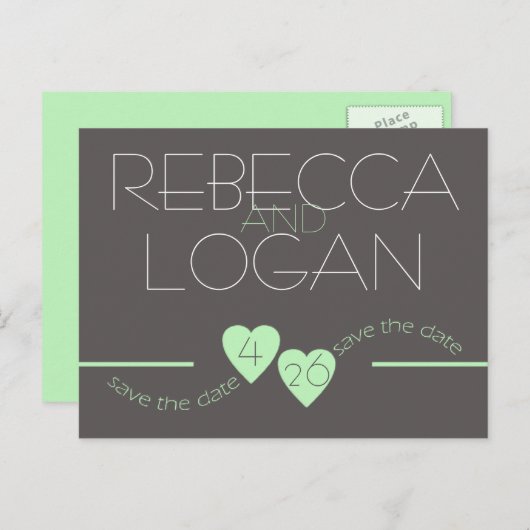 春の緑のハート日付の保存 案内ポストカード (正面/裏面)