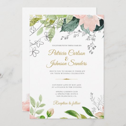 春の緑のフローラの水の色の素朴結婚性 招待状 (正面/裏面)