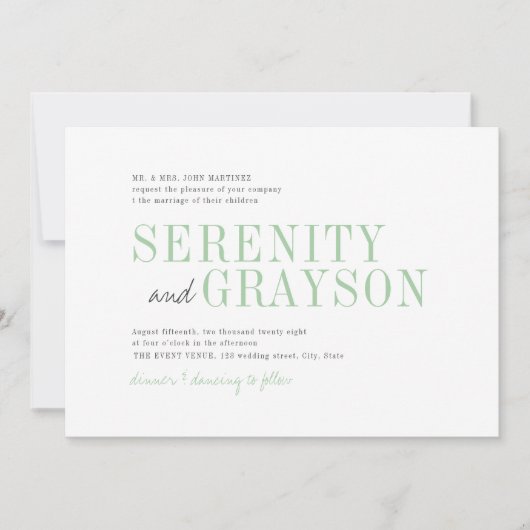 春の緑のモダンなタイポグラフィのミニマルな結婚式 招待状 (正面)