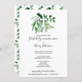 春の緑の植物の十字の最初聖餐式 招待状