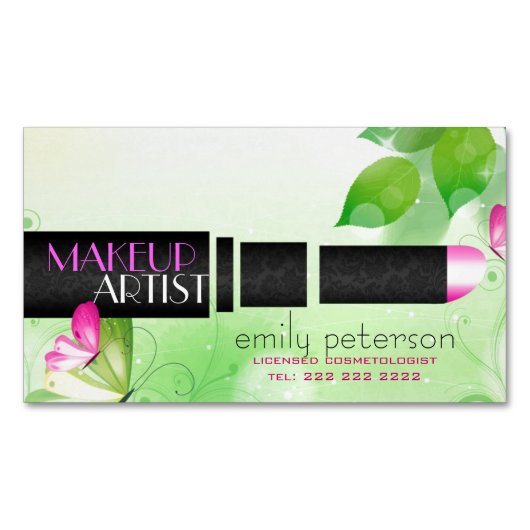 春の緑の背景(黒い美しい記号) マグネット名刺 (正面)