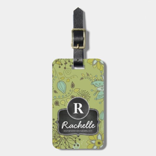 春の緑の花柄のモノグラムデザイナー ラゲッジタグ (正面縦)