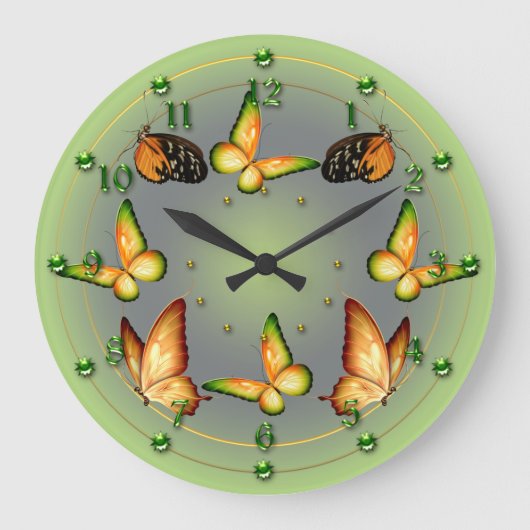 春の緑の蝶 ラージ壁時計 (正面)