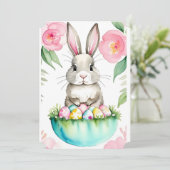 春の緑色 ピンクの花 ウサギ イースター 春の卵 招待状 (スタンド正面)