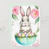 春の緑色 ピンクの花 ウサギ イースター 春の卵 招待状 (正面/裏面)