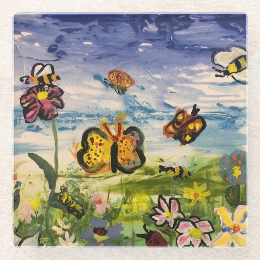 春の色とりどりの蝶々と野の花 ガラスコースター (正面)