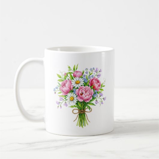 春の芍薬の花束 水彩画 レディバグ マグ (左)