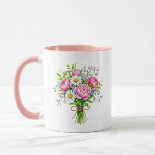 春の芍薬ブーケ 水彩 ピンクアクセント マグ (左)