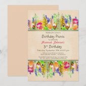春の花々 3歳の誕生日ピクニックパーティー 招待状 (正面/裏面)