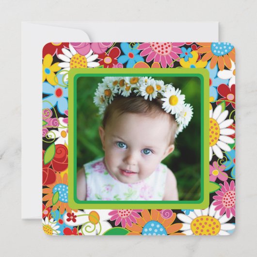 春の花お洒落女の子の誕生日パーティー写真 招待状 (裏面)