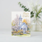 春の花が咲く教会の情景 楽しいイースターの祝日 シーズンポストカード (スタンド正面)