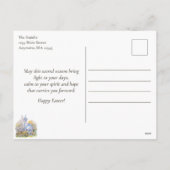 春の花が咲く教会の情景 楽しいイースターの祝日 シーズンポストカード (裏面)