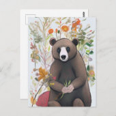 春の花とキュートな森林のクマの自然アート ポストカード (正面/裏面)