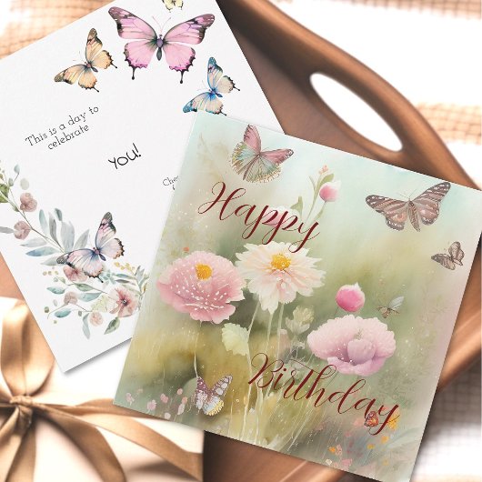 春の花とバタフライウォーターのカラー誕生日 カード